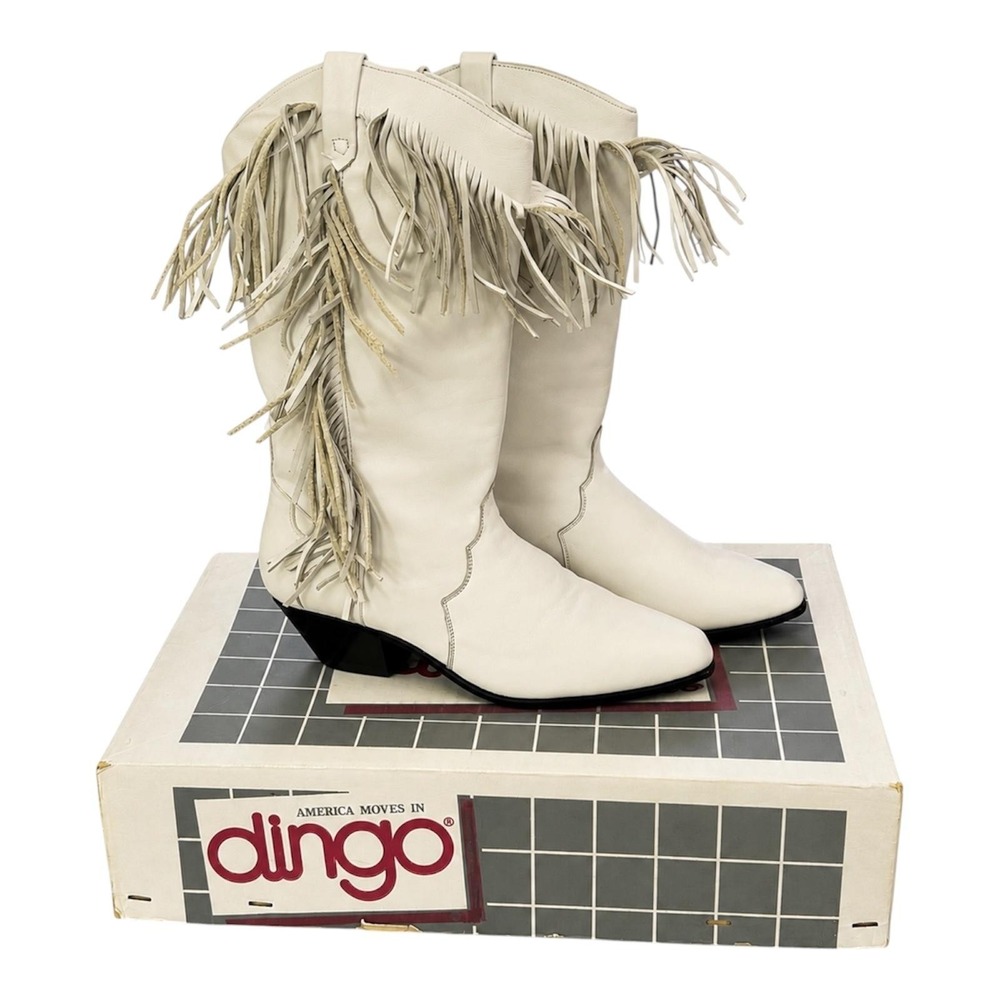 Dingo Boots White Fringe Cowboy Women 10 M‎ Western Leather Cortina VTG